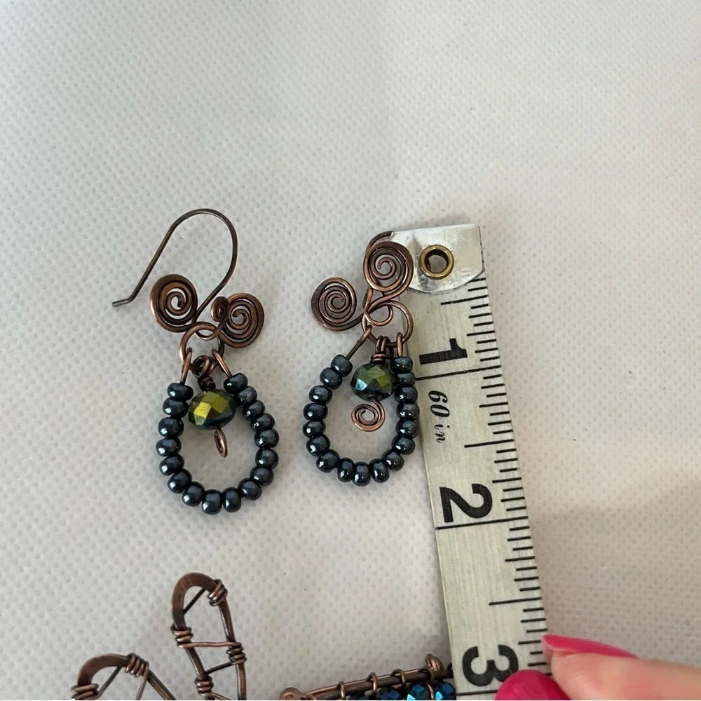 Handmade Bronze Blue Beaded Dragonfly Earrings and Brooch Set